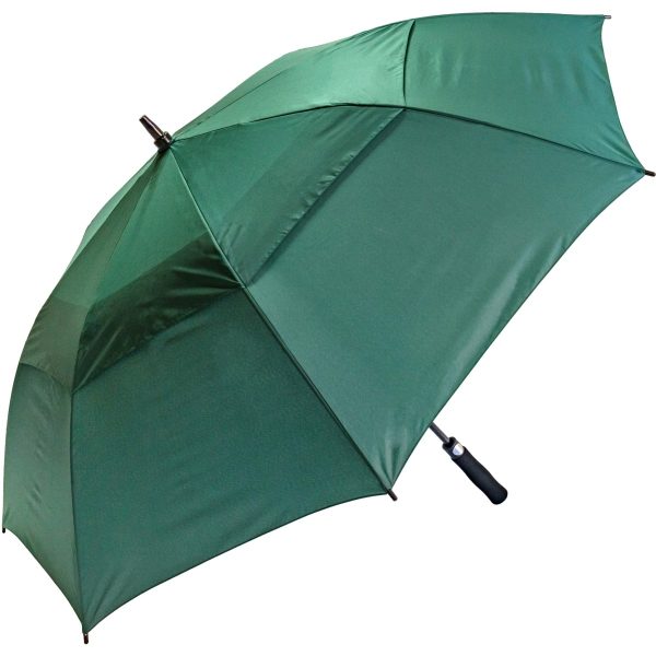 Green wind-resistant fibre auto golf umbrella for outdoor use.