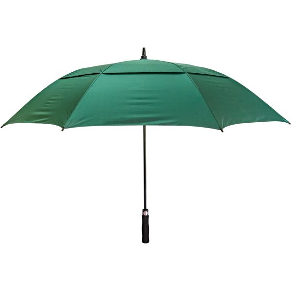 Green wind-resistant golf umbrella with auto-open feature.