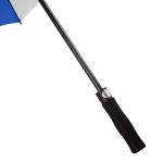 Close-up of a wind-resistant golf umbrella with a black handle and blue canopy.
