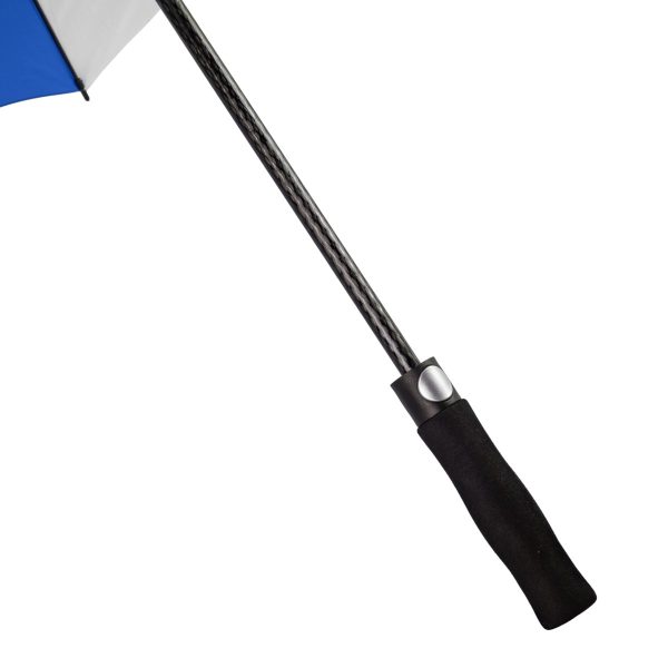 Close-up of a wind-resistant golf umbrella with a black handle and blue canopy.