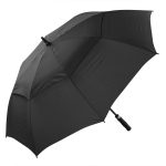 Black wind-resistant golf umbrella with automatic opening mechanism.