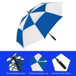 Blue and white windproof golf umbrella with automatic open button.