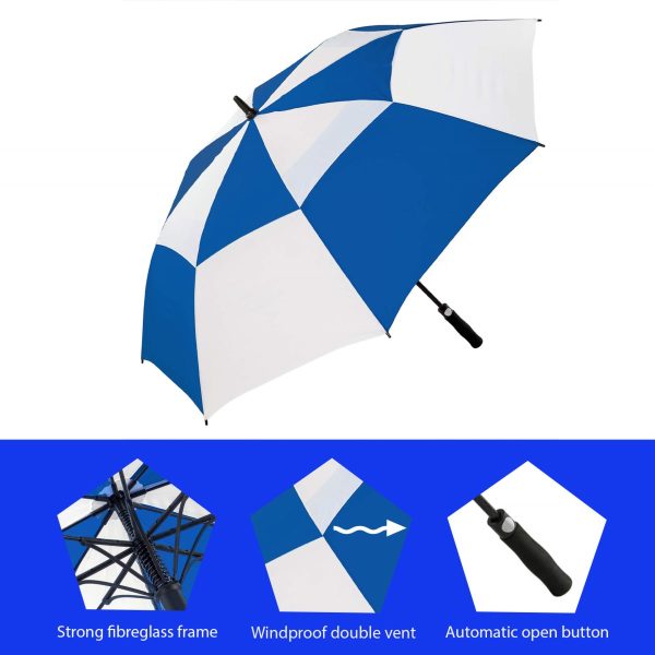 Blue and white windproof golf umbrella with automatic open button.