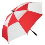 Red and white wind-resistant golf umbrella for outdoor use.
