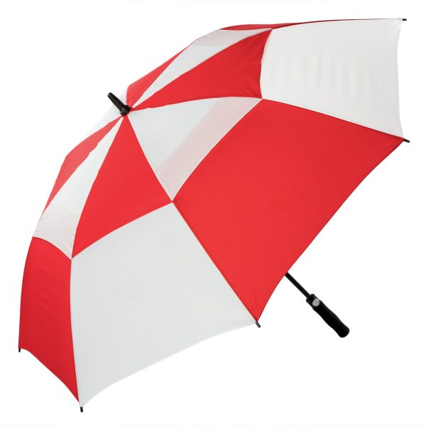 Red and white wind-resistant golf umbrella for outdoor use.