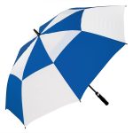 Blue and white wind-resistant golf umbrella with automatic opening.