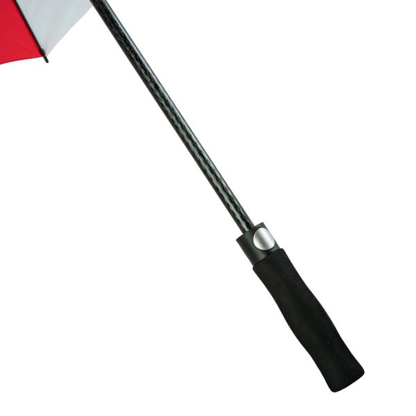 Close-up of FibreAuto golf umbrella handle and shaft in black and grey.