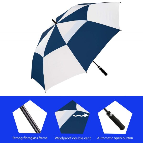 Navy and white windproof golf umbrella with automatic open button.