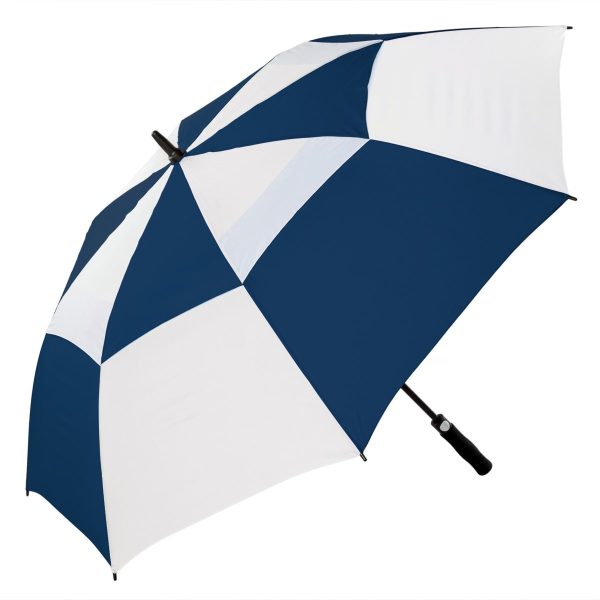 Navy and white wind-resistant golf umbrella with auto-open feature.