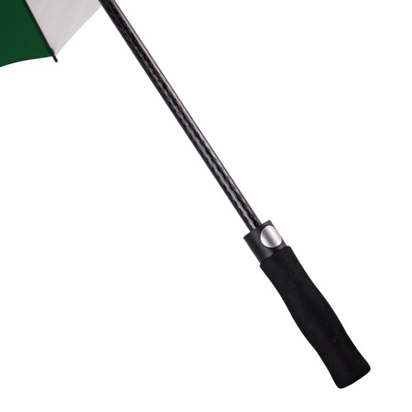 Green and white windproof golf umbrella with carbon fibre shaft.