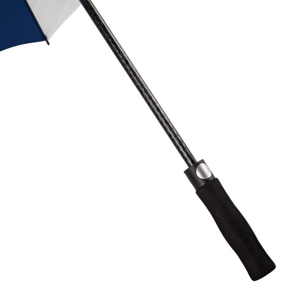 Navy and white wind-resistant golf umbrella with ergonomic handle.