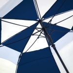 Navy and white wind-resistant golf umbrella with sturdy frame.