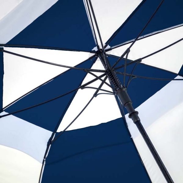 Navy and white wind-resistant golf umbrella with sturdy frame.