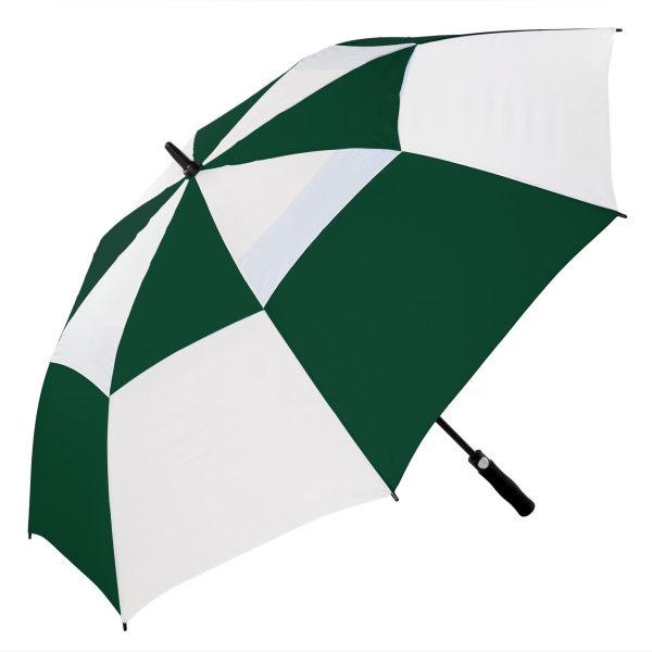 Green and white windproof golf umbrella for outdoor use.