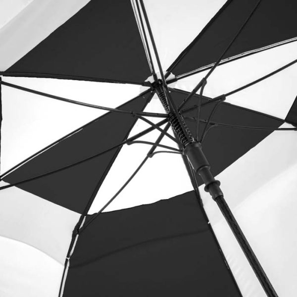 Black and white wind-resistant golf umbrella with fibre auto opening mechanism.