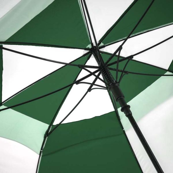 Close-up of green and white golf umbrella frame and ribs.
