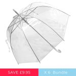 Transparent clear umbrella with auto open feature for rain protection.