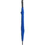 Blue wind-resistant golf umbrella with ergonomic handle.
