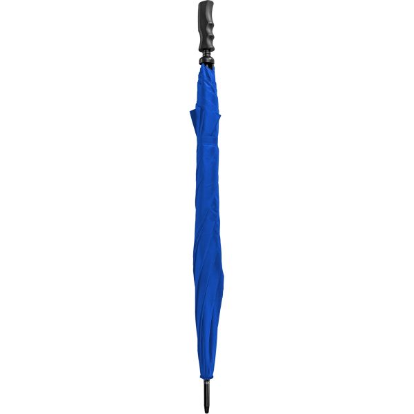 Blue wind-resistant golf umbrella with ergonomic handle.