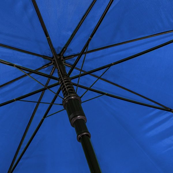 Close-up of a blue wind-resistant golf umbrella with black ribs and shaft.