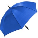 Blue wind-resistant golf umbrella with compact handle.