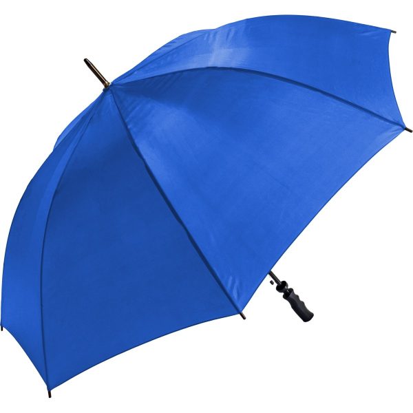 Blue wind-resistant golf umbrella with compact handle.