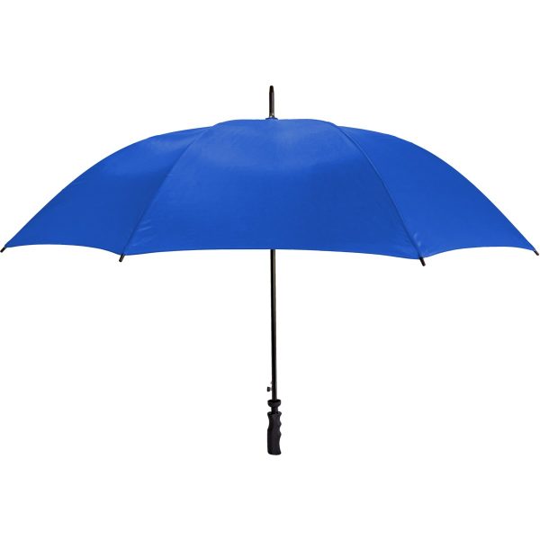 Blue golf umbrella with wind-resistant fibrelight canopy and sturdy handle.