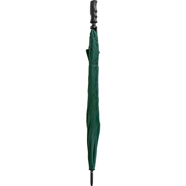 Green wind-resistant compact umbrella with ergonomic handle.