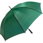 Large green golf umbrella with wind-resistant features and sturdy handle.