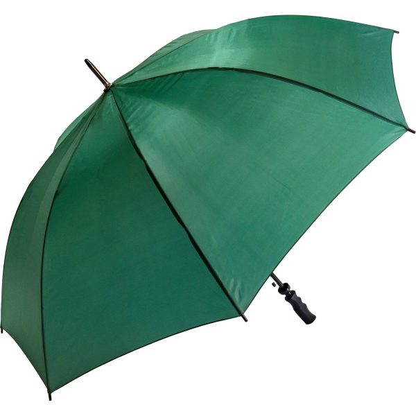 Large green golf umbrella with wind-resistant features and sturdy handle.