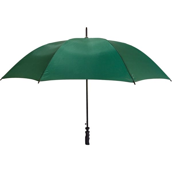 Wind-resistant green golf umbrella with sturdy shaft and canopy.