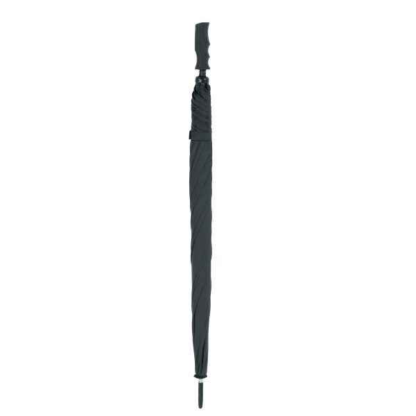Black windproof umbrella with ergonomic handle for strong weather resistance.