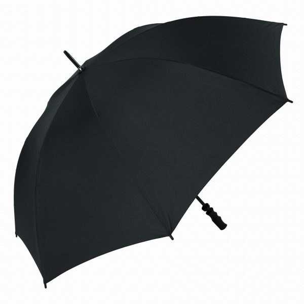 Black wind-resistant golf umbrella with fibrelight frame for durability.
