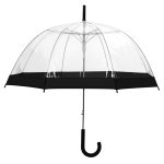 Clear dome umbrella with black border and J-shaped handle.