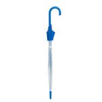 Blue umbrella with curved hook handle for rain protection.