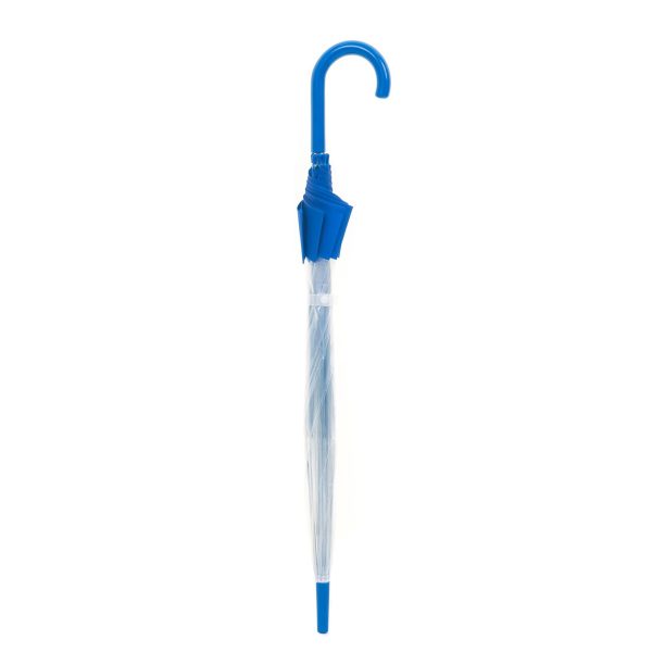 Blue umbrella with curved hook handle for rain protection.