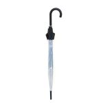 Transparent umbrella with black hook handle for rain protection.