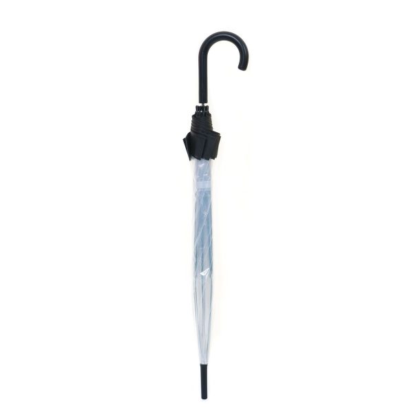 Transparent umbrella with black hook handle for rain protection.