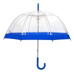 Transparent dome umbrella with blue trim and J-shaped handle.