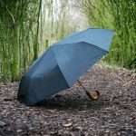 Blue automatic open umbrella on woodland path in rain.