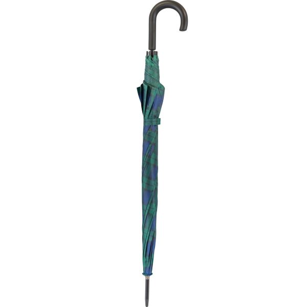 Tartan patterned unisex walking umbrella with curved handle.