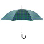 Green and blue tartan walking umbrella with J-shaped handle.