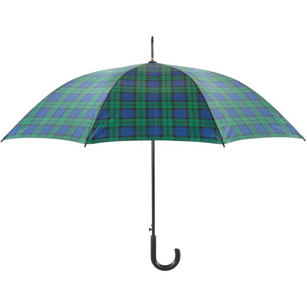 Green and blue tartan walking umbrella with J-shaped handle.