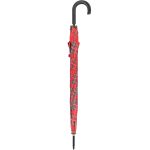 Red tartan walking umbrella with black curved handle.