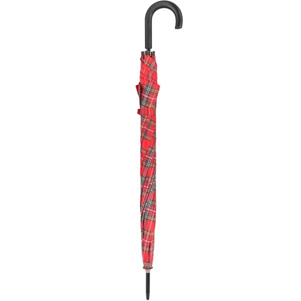 Red tartan walking umbrella with black curved handle.