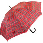Red tartan unisex walking umbrella with curved handle.