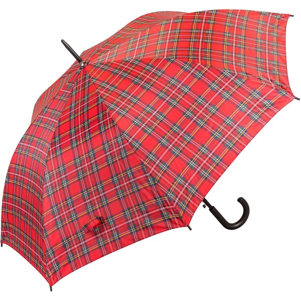 Red tartan unisex walking umbrella with curved handle.