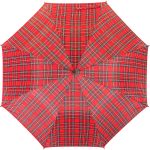 Red tartan walking umbrella with classic pattern for men and women.