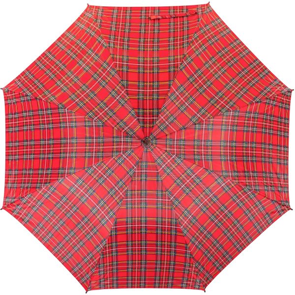 Red tartan walking umbrella with classic pattern for men and women.