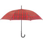 Red tartan unisex walking umbrella with J-shaped handle.